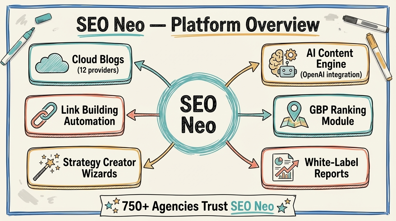 SEO Neo Platform Overview — Hub and Spoke Diagram