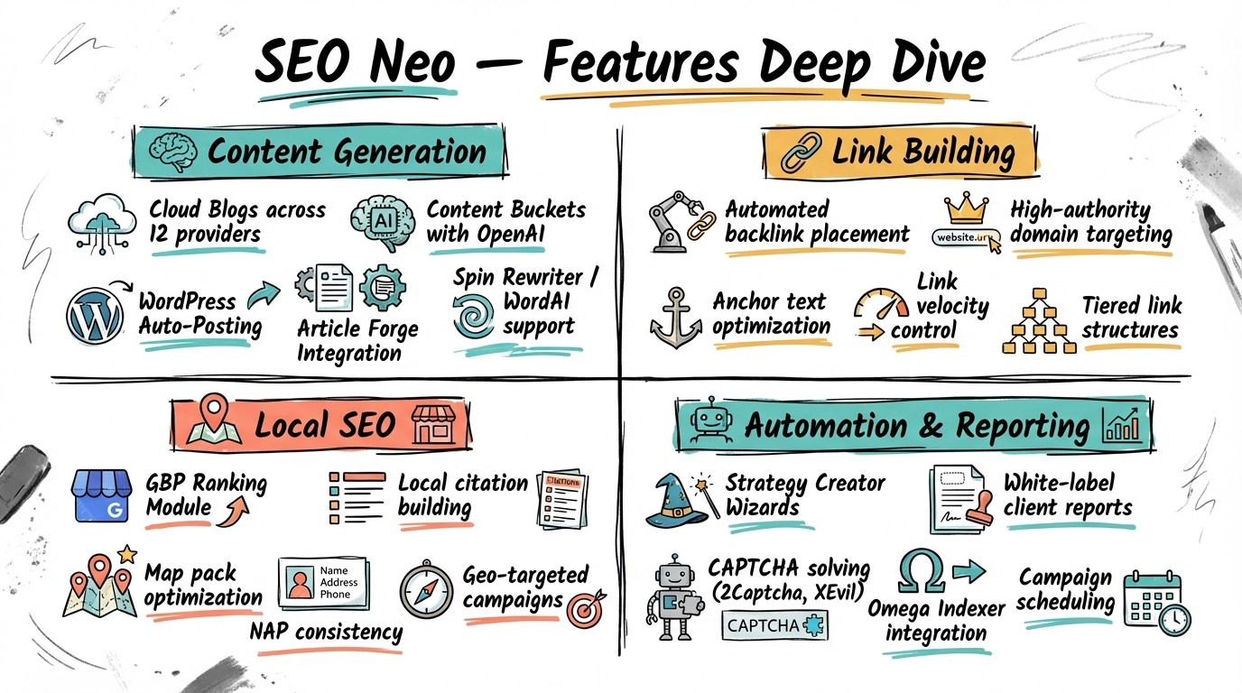 SEO Neo Features Deep Dive — 4 Quadrant Grid