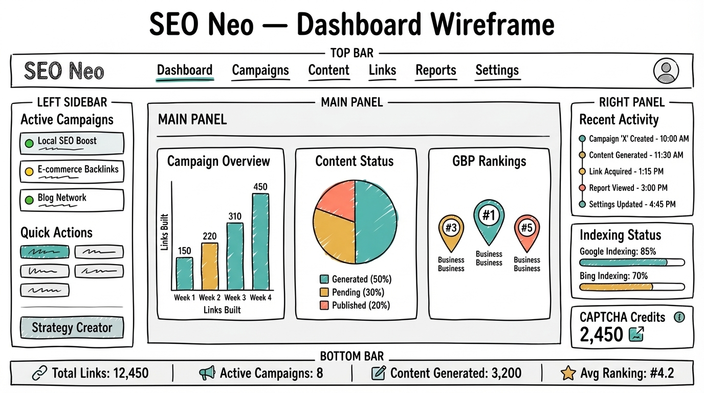SEO Neo Dashboard Wireframe Mockup
